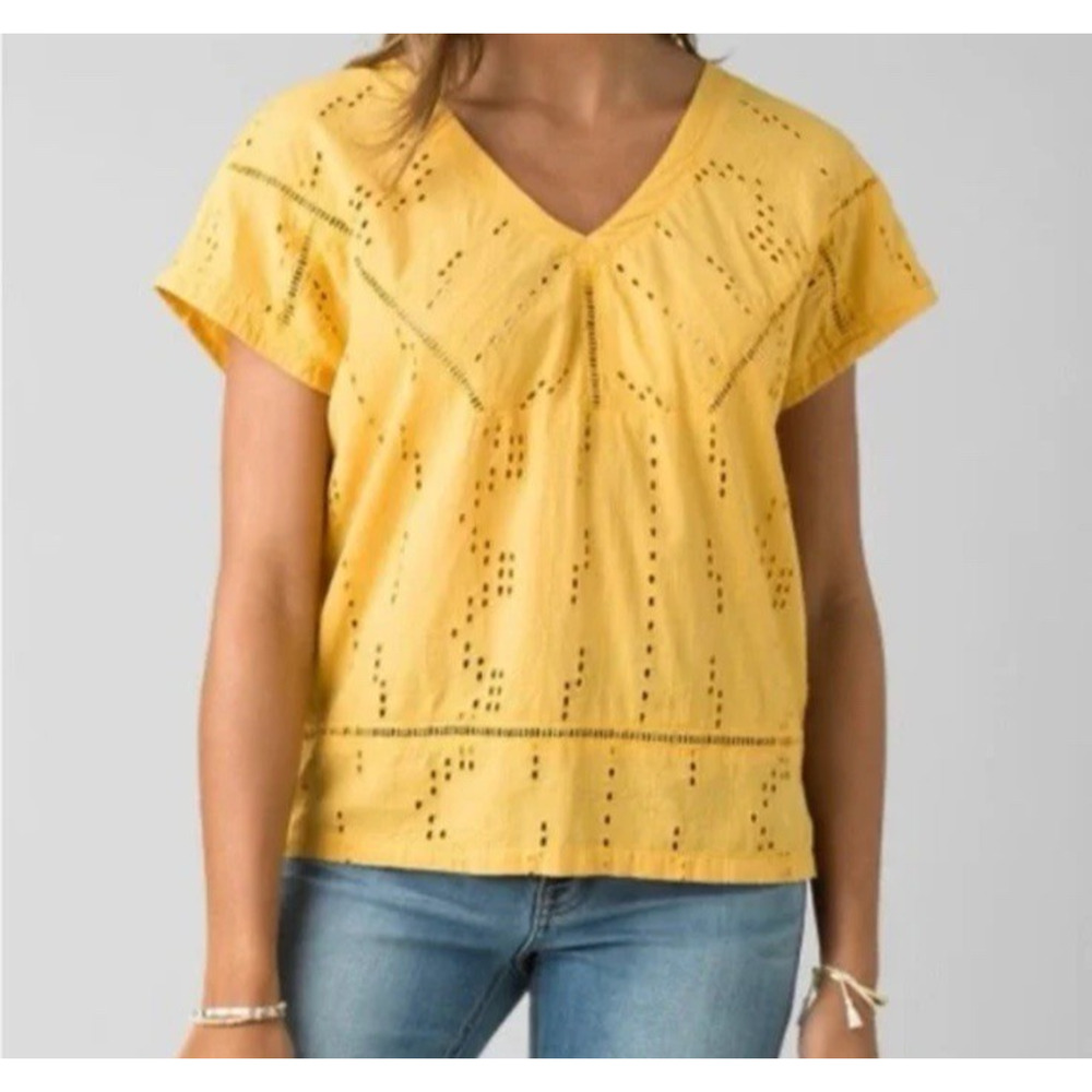 PrAna Keelie Cap Sleeve Eyelet Lace V-Neck Top Yellow Size L Athleisure Outdoor